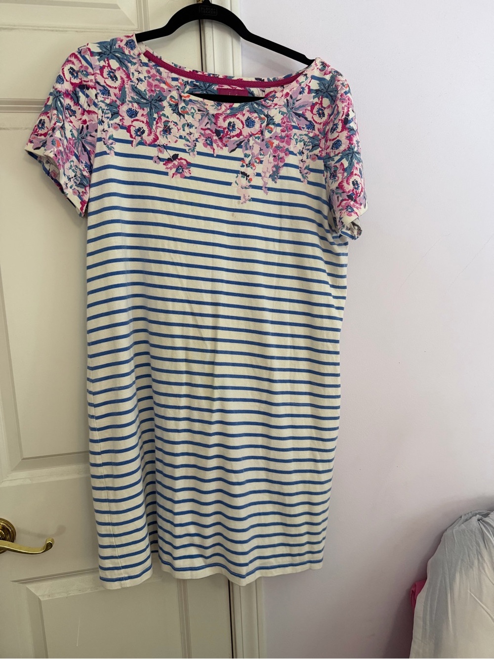 Joules Striped Tee Dress with Pink Floral Yoke